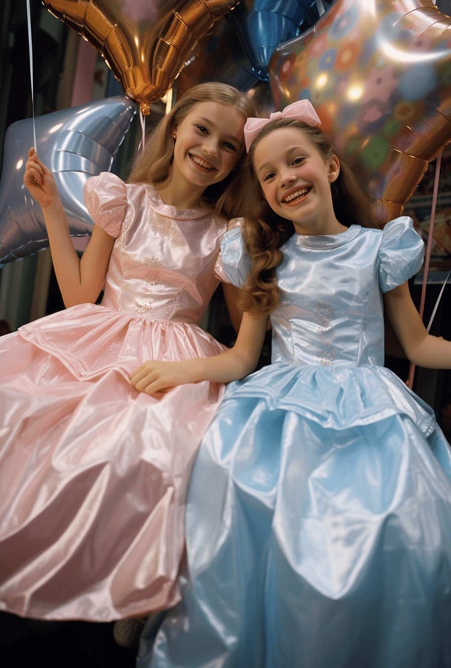  Eye-level commercial photograph of two smiling, happy girls, birthday dress