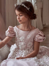 Faye - Satin Tulle Dress with Patterned Embroidery and Short Sleeves