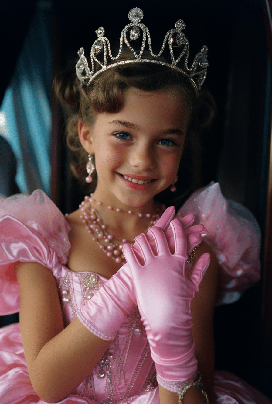  Eye-level commercial photograph of a smiling, happy girl with princess gloves