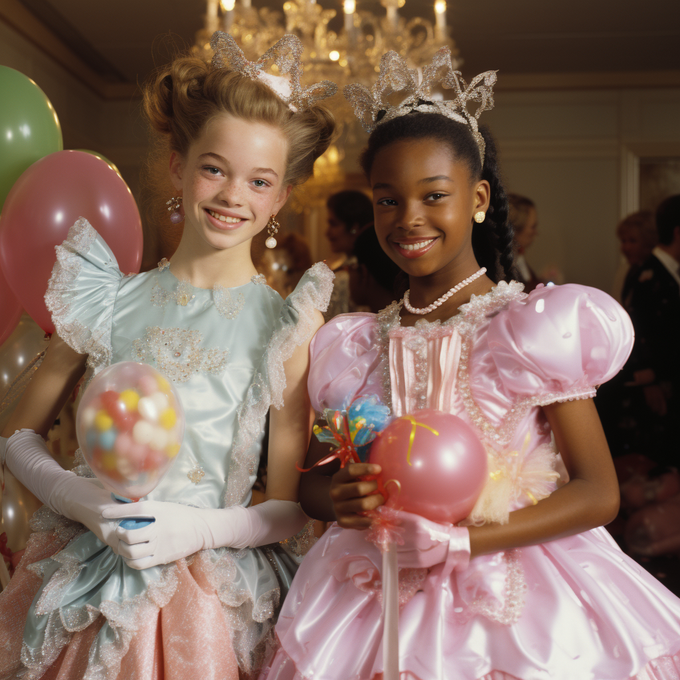  Eye-level commercial photograph of two happy, smiling girls in birthday dresses