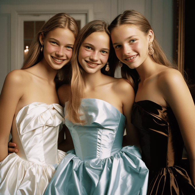  commercial photograph of 3 happy, smiling 12-year-old girls in prom dresses