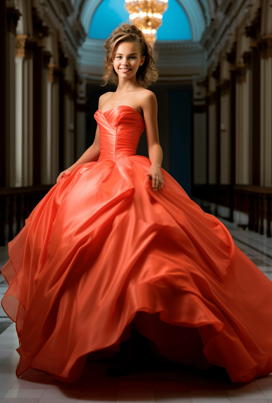 commercial photograph of a happy, smiling 12-year-old girl in a ball gown
